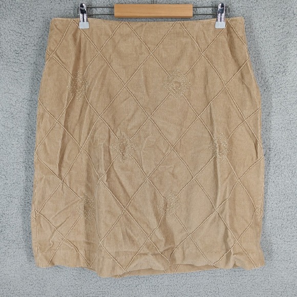 Talbots Women's 16‎ Corduroy Skirt Diamond Pattern Embroidered Detail Tan Beige - Picture 1 of 8